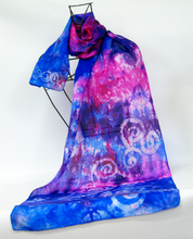 Load image into Gallery viewer, Silk Scarf Blue Purple Pink spiral
