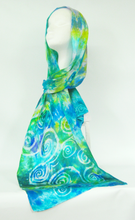 Load image into Gallery viewer, Silk Satin Scarf Celtic Spring Garden Greens
