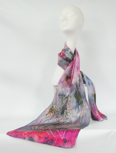 Silk Satin Scarf Celtic Floral Pinks and Greys