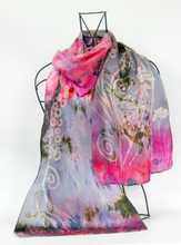 Load image into Gallery viewer, Silk Satin Scarf Celtic Floral Pinks and Greys
