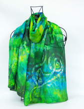 Load image into Gallery viewer, Hand Painted Silk Scarf Celtic Emerald Jewels
