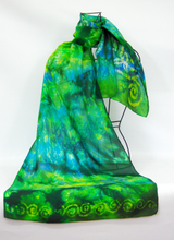 Load image into Gallery viewer, Hand Painted Silk Scarf Celtic Emerald Jewels
