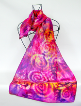 Load image into Gallery viewer, Silk Scarf Hand Painted Celtic Crimson Sunset
