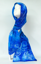 Load image into Gallery viewer, A Hand Painted Silk Satin Scarf Celtic blue skies
