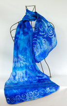 Load image into Gallery viewer, A Hand Painted Silk Satin Scarf Celtic blue skies
