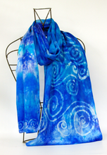 Load image into Gallery viewer, A Hand Painted Silk Satin Scarf Celtic blue skies
