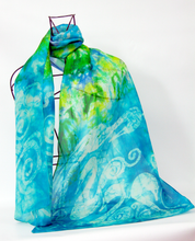 Load image into Gallery viewer, A Hand Painted Silk Scarf Light weight Teal Children of Lir
