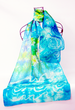 Load image into Gallery viewer, A Hand Painted Silk Scarf Light weight Teal Children of Lir
