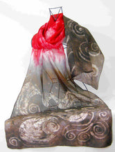 Load image into Gallery viewer, Silk Habotai Shawl Red and Brown Swans
